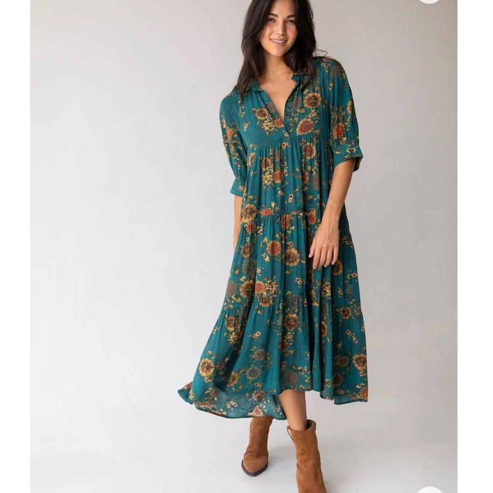 Natural Life Rebecca Midi Dress Womens M Teal Floral Tiered Boho Fall Festival